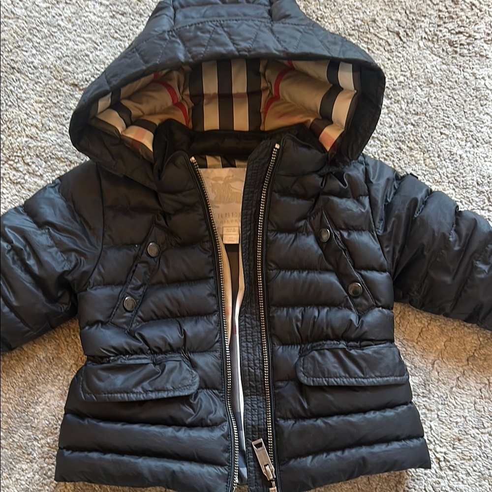 Black Burberry Puffer Jacket with Hood and Quilted Design